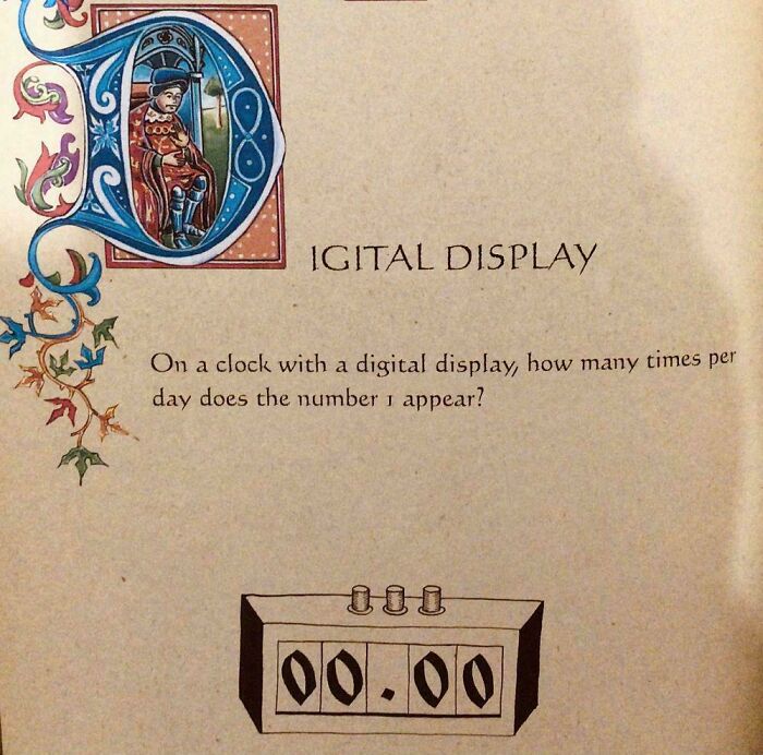 A digital display clock brain puzzle asking how many times the number 1 appears, for confident people.