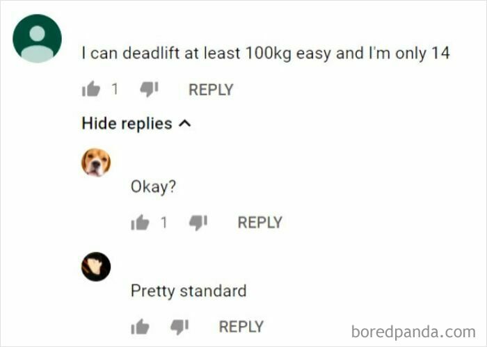 Comment thread about deadlifting 100kg at age 14