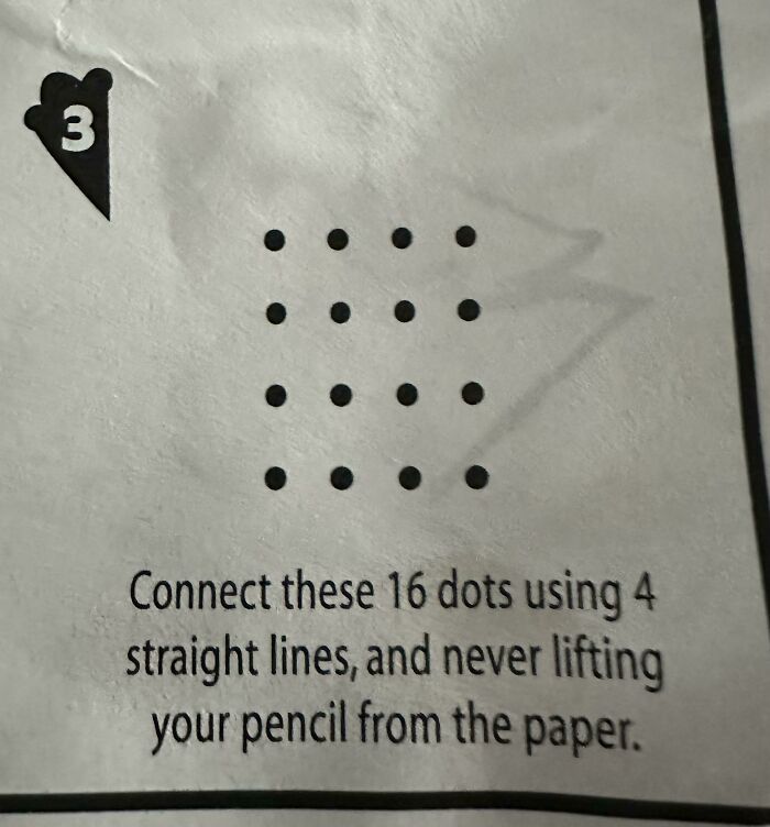 A classic brain puzzle showing 16 dots arranged in a square, tasking the user to connect them with four straight lines.