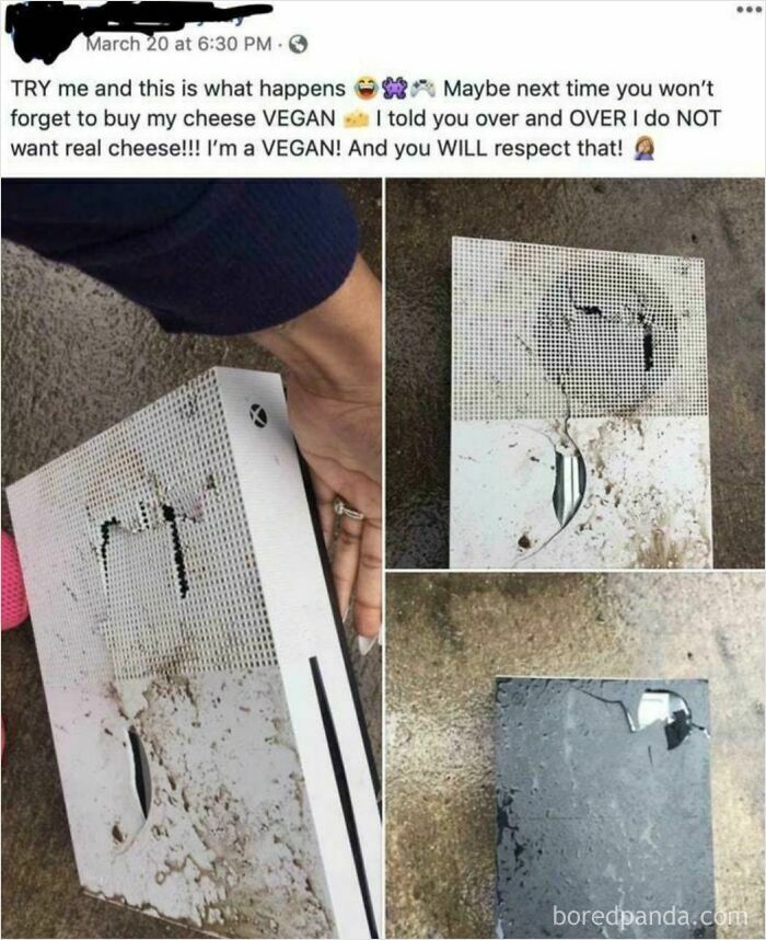 Photos of a damaged gaming console with a caption about vegan cheese