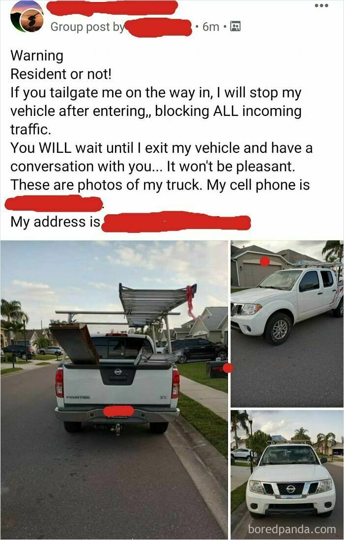 Post warning tailgaters about blocking traffic seen with pictures of a white Nissan Frontier truck