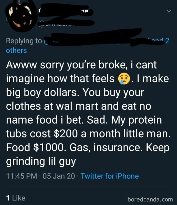 Tweet boasting about making money and expensive protein tubs