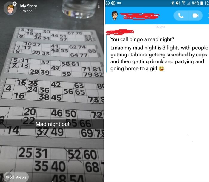 Chat message boasting about a mad night with fights and police involvement
