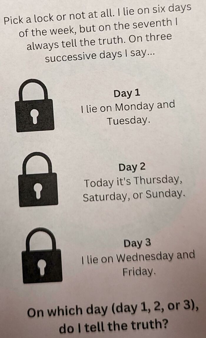 A brain puzzle with a logic riddle about lying days and telling the truth, designed to humble confident people.