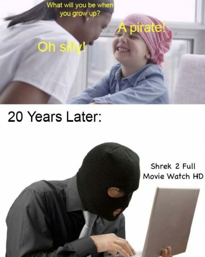 Humorous meme of child wanting to be a pirate with adult wearing mask watching Shrek 2 online