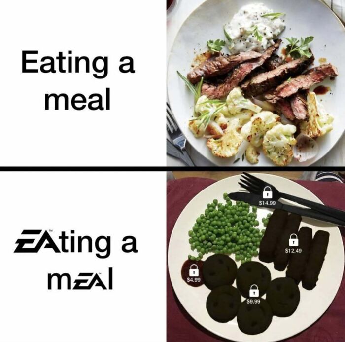 Meme comparing eating a meal vs gaming style locked meal items