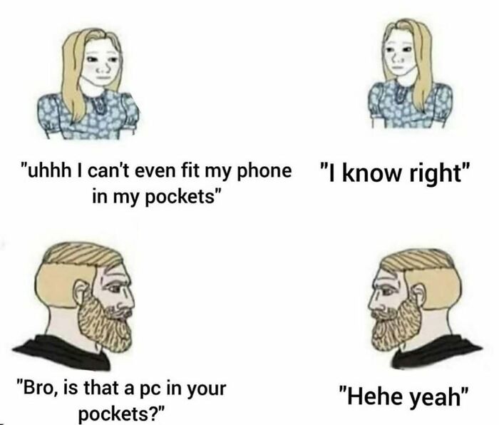 Cartoon meme about phone size and pocket space as escape reality meme