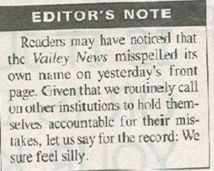 Editor's note admitting Valley News misspelled its own name on front page