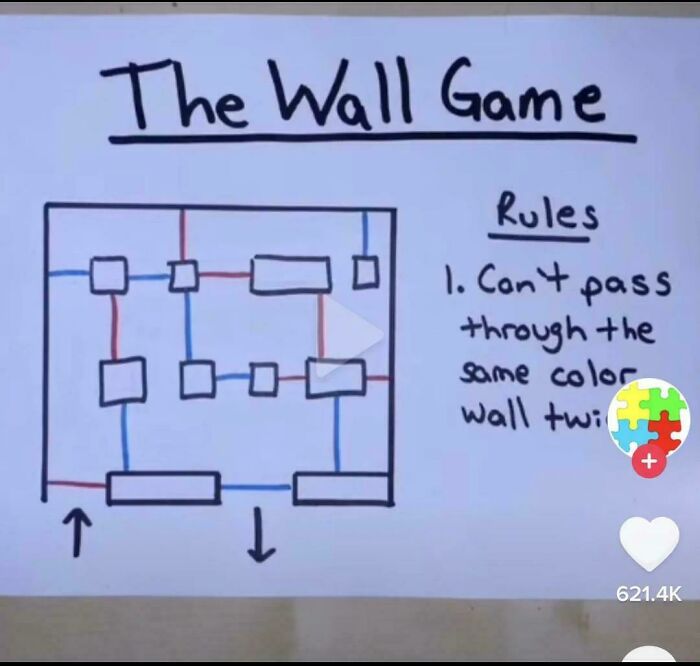 The Wall Game, a brain puzzle with a grid of red and blue lines and boxes, showing rules for play.
