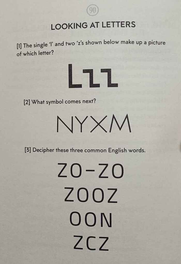 A page with three brain puzzles, including decoding letters and finding the next symbol in a sequence.