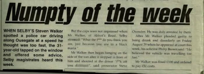 Newspaper clipping titled Numpty of the week about police and traffic incident