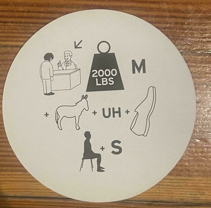 A circular coaster featuring a brain puzzle with various illustrations including a weight, donkey, and shoe.