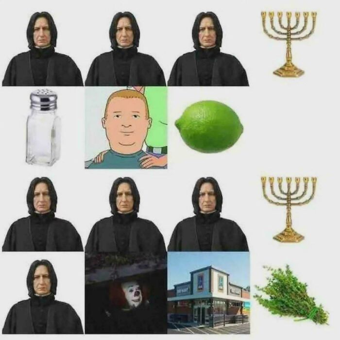 A grid of images forming a brain puzzle, including Severus Snape, a menorah, a salt shaker, Bobby Hill, a lime, Pennywise, and a store.
