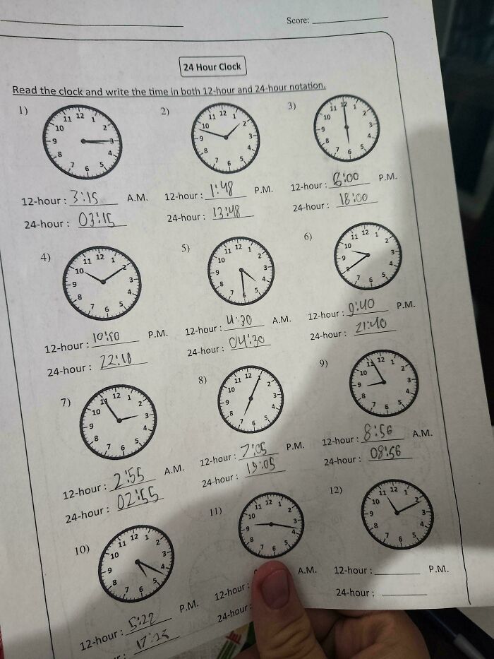 A worksheet titled 24 Hour Clock, filled out by a student, demonstrating their understanding or potential struggles with a teacher's lesson.