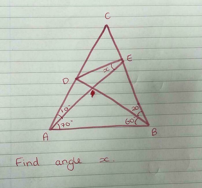A geometry brain puzzle on lined paper showing a triangle with angles and segments, asking to find angle x.