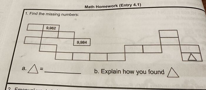A math homework problem with missing numbers in a grid puzzle, asking to find the value of a triangle symbol.