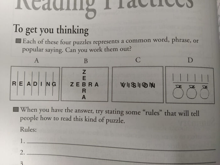 An image displaying four different brain puzzles, presented as a test of common words, phrases, or sayings.