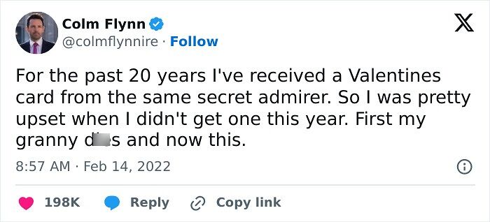 Tweet about receiving Valentines card from secret admirer for 20 years ending unexpectedly plot twist