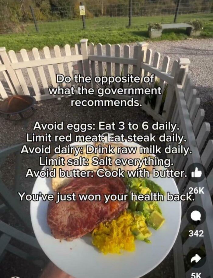 Funny health advice meme joking about opposite of government recommendations