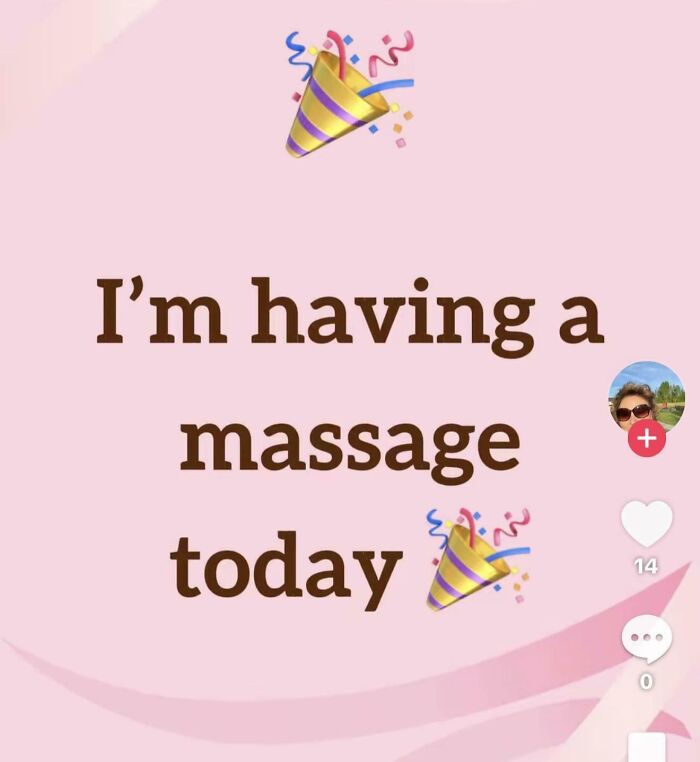Funny screenshot announcing having a massage today with confetti emojis