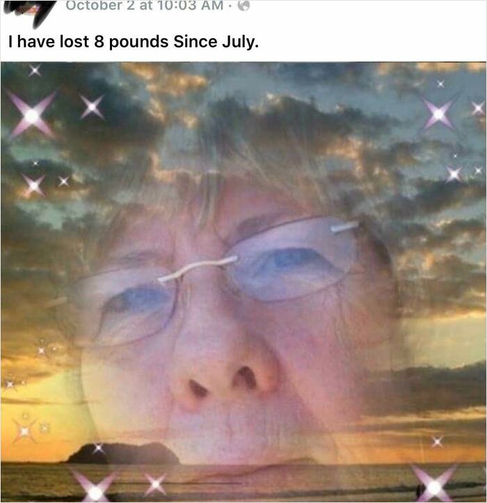 Funny screenshot about losing 8 pounds since July with a glowing face overlay and stars
