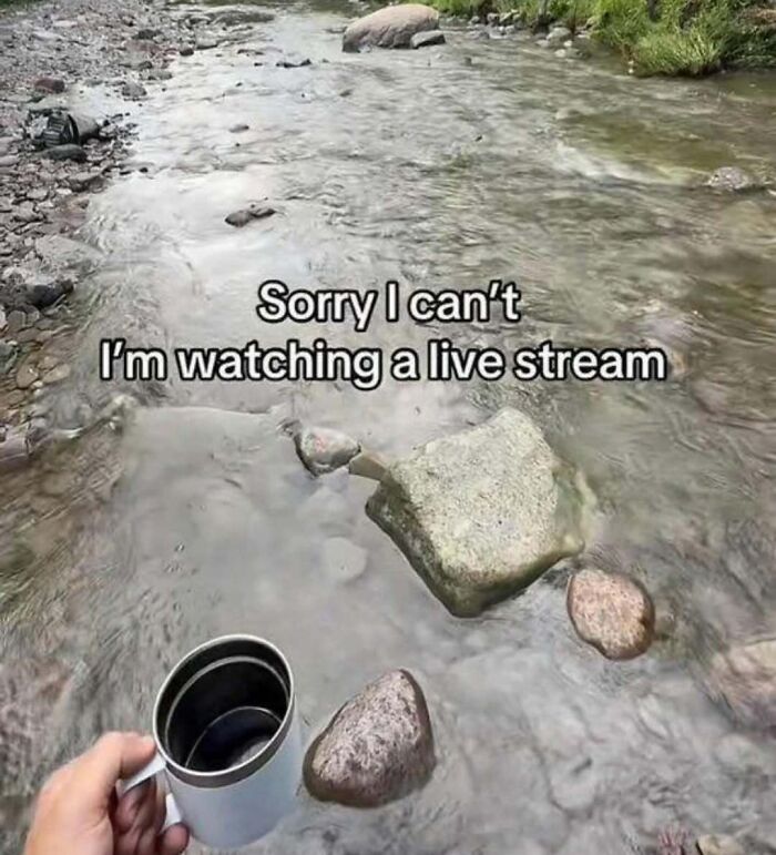 Stream of water with text about watching a live stream in a funny screenshot