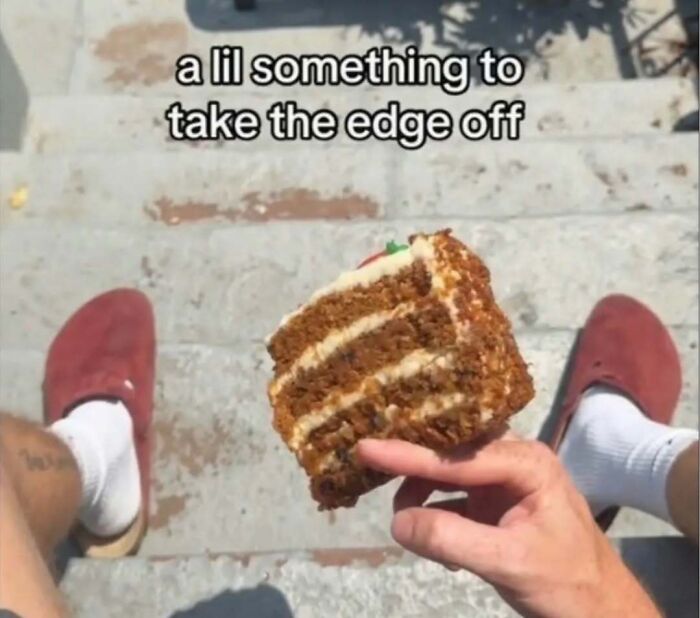 Funny screenshot of person holding cake with text about humor taking the edge off