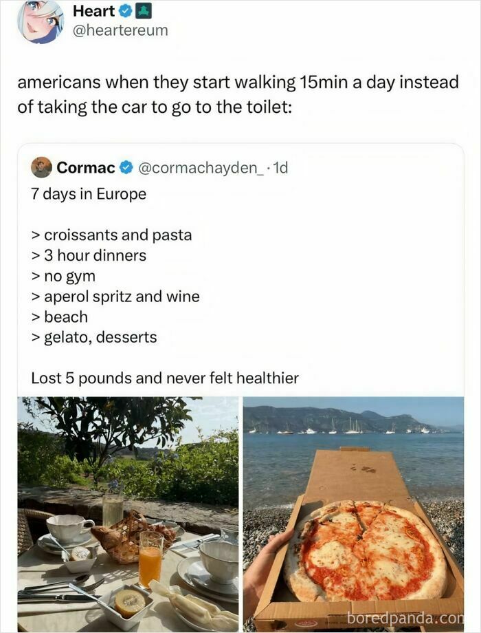 Funny social media post about Americans walking 15 minutes a day with European lifestyle benefits