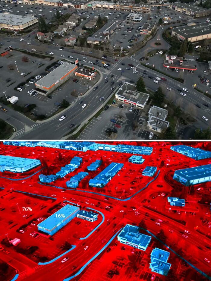 Aerial view of busy intersection showing suburban hell traffic and urban sprawl
