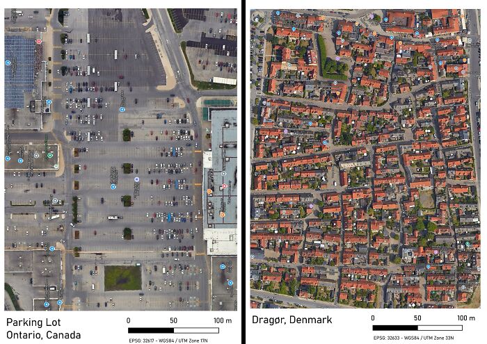 Aerial view comparison of suburban sprawl in Ontario Canada and Dragor Denmark