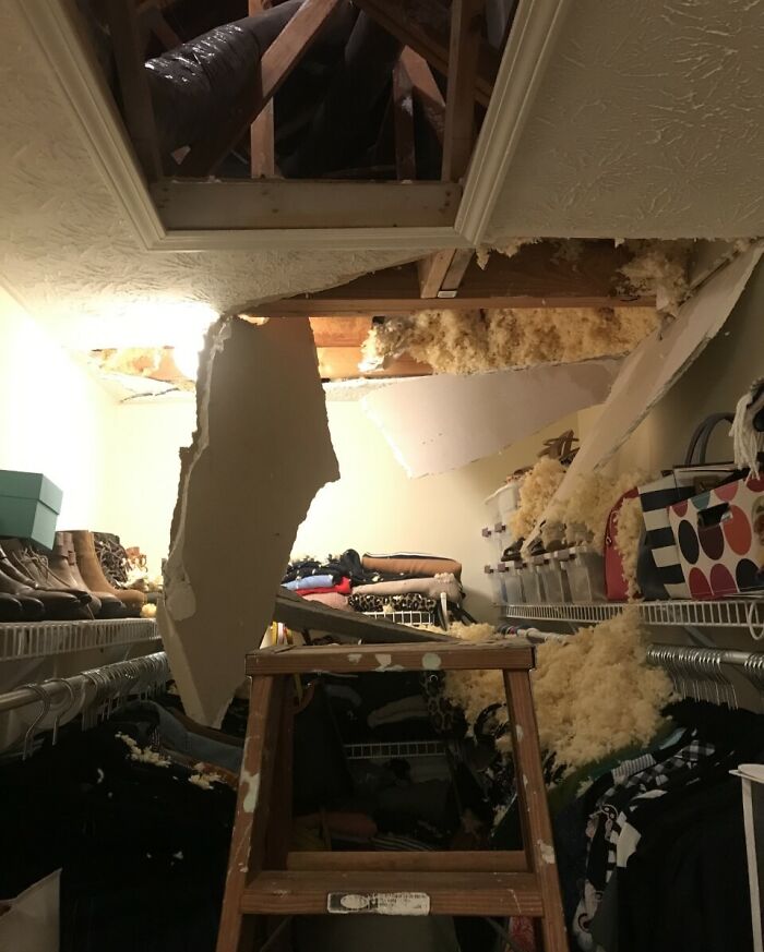 Closet ceiling collapsed with insulation and ladder inside showing home fail