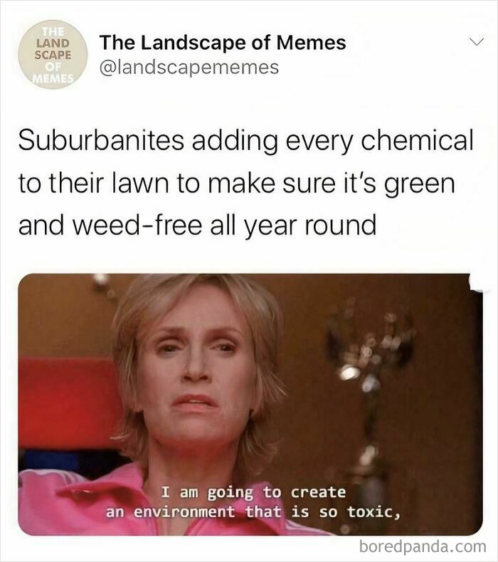 Meme about suburbanites using chemicals for green, weed-free lawns in suburban hell