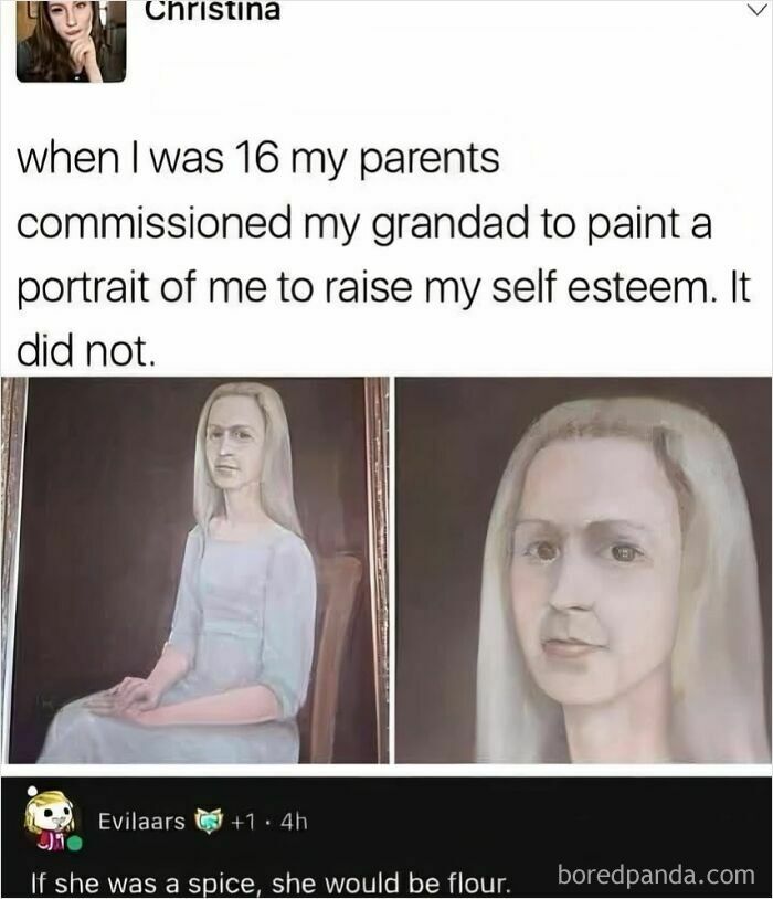 Humorous poorly painted portrait of a teenage girl meant to boost self-esteem