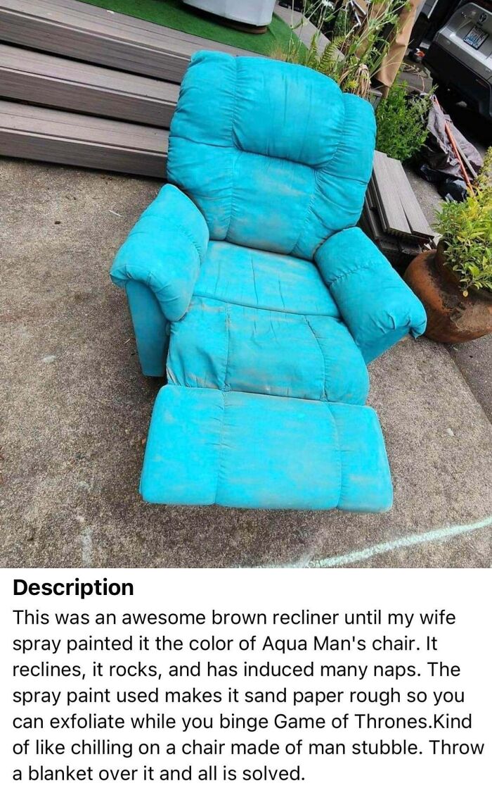 Aqua blue recliner chair painted with rough spray paint texture