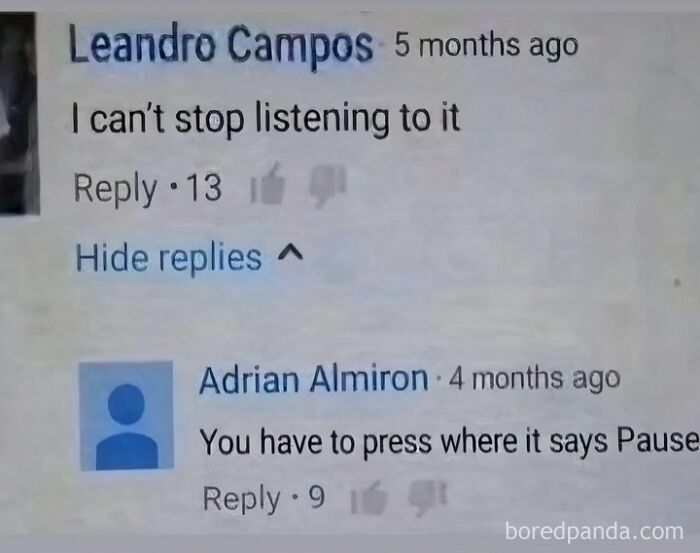 Screenshot of funny YouTube comments about not stopping listening