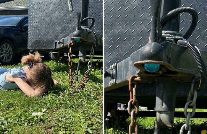 Funny or cringe fail with child face down near trailer hitch on grass