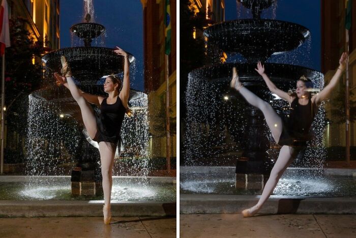 Ballet dancer humorously failing a precise pose in front of fountain