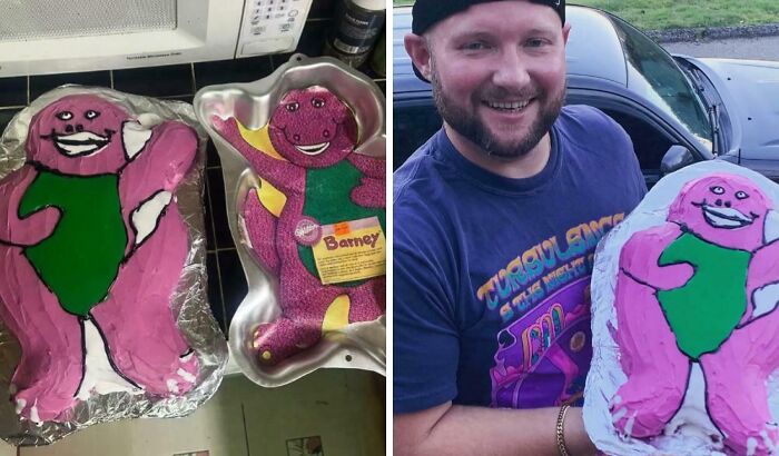Funny Barney cake fail showing poorly made purple character cake and baking pan