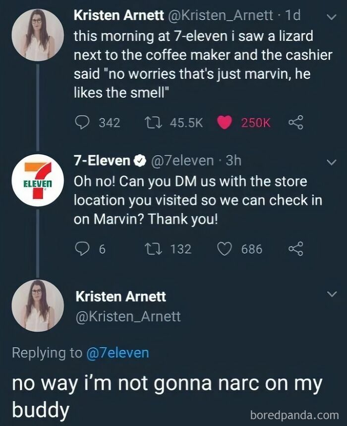 Funny Twitter exchange between 7-Eleven and customer about lizard named Marvin