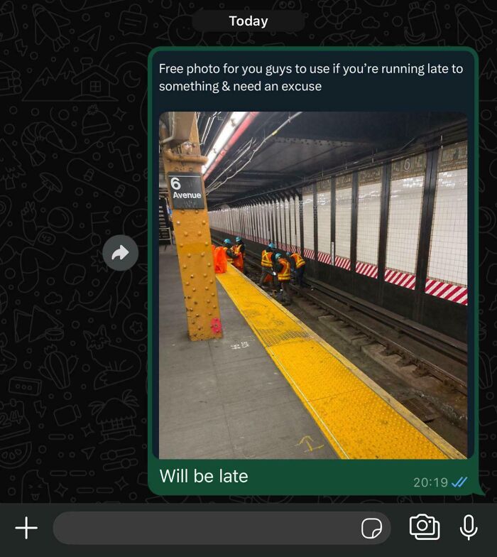 Screenshot of message showing subway delay with workers on tracks, funny or cringe fail excuse