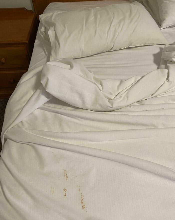 Cringe fail with stained and messy bedsheets