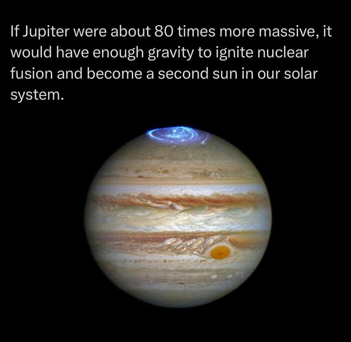 Image of planet Jupiter with fact about its mass and potential to ignite nuclear fusion