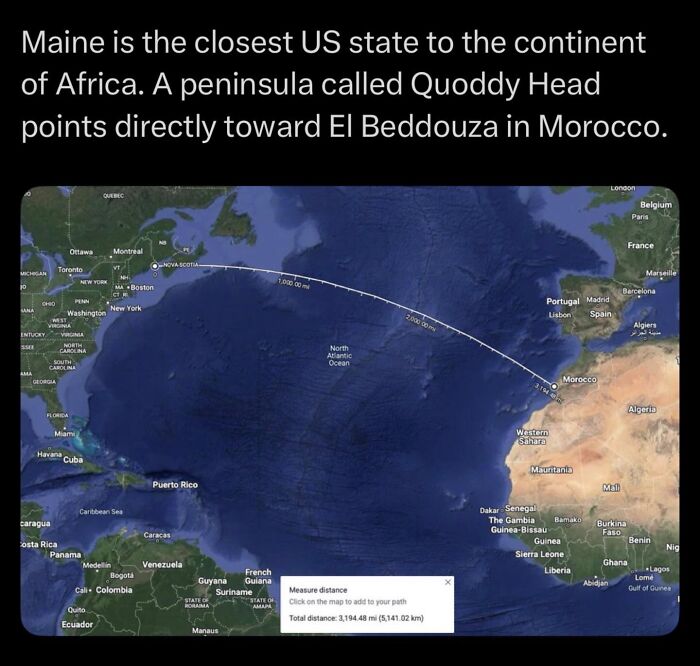 Map showing Maine as closest US state to Africa with distance to Morocco peninsula