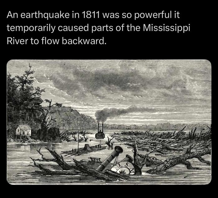 1811 earthquake caused parts of Mississippi River to flow backward shown in vintage illustration