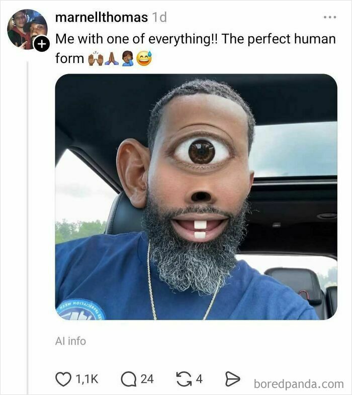 Man with distorted single eye and nose photo effect in car