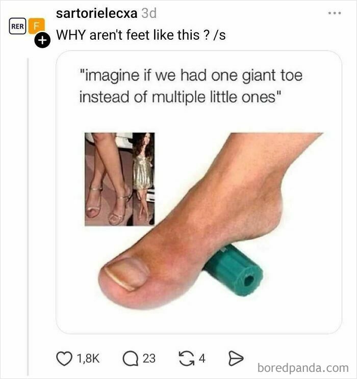 Foot with one giant toe instead of multiple toes meme