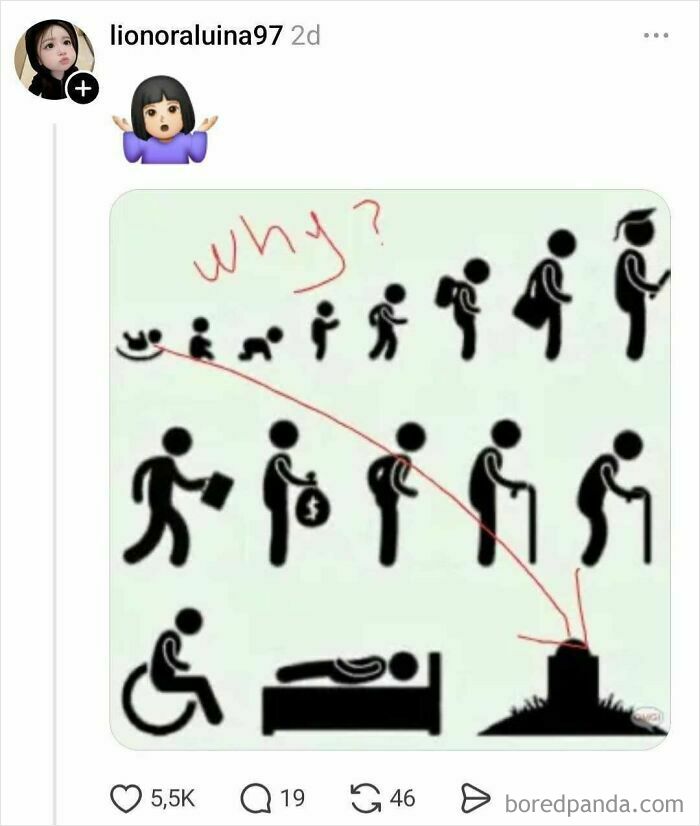 Life stages illustration questioning purpose with arrow to grave