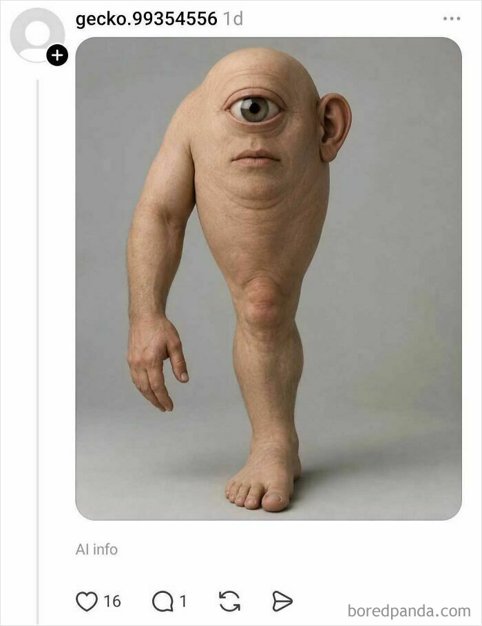 Surreal human form with one eye, one arm, and one leg on plain background