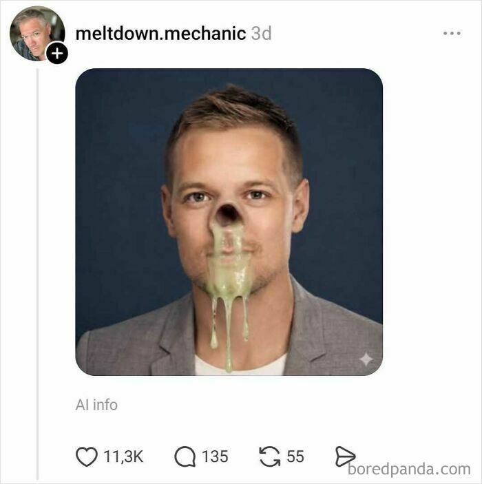 Man with distorted nostrils and dripping green slime in humorous nostrils discussion image