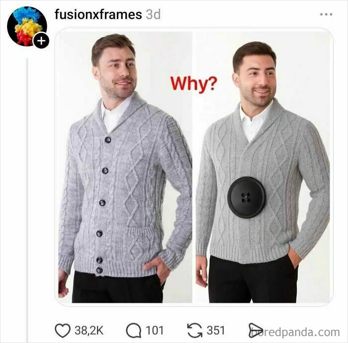 Man wearing gray cardigan with buttons beside alternative with one large button